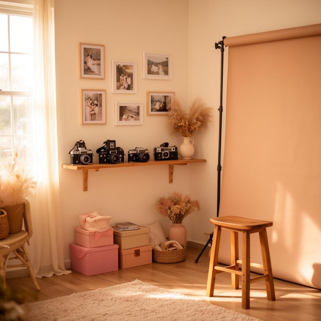 The Perfect Click studio — vintage cameras, framed prints, and a soft backdrop bathed in warm light